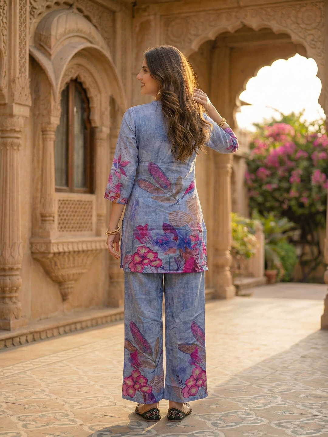 Tropical Fauna Printed Straight Co-ord Set - Blue