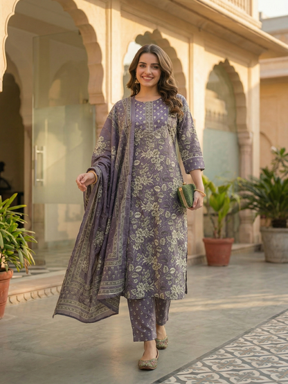 Floral Printed & Embroidered Straight Kurta with Pant & Dupatta - Lavender