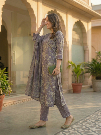 Floral Printed & Embroidered Straight Kurta with Pant & Dupatta - Lavender