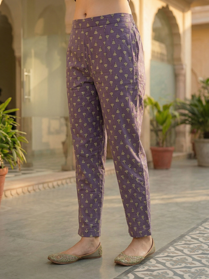 Floral Printed & Embroidered Straight Kurta with Pant & Dupatta - Lavender