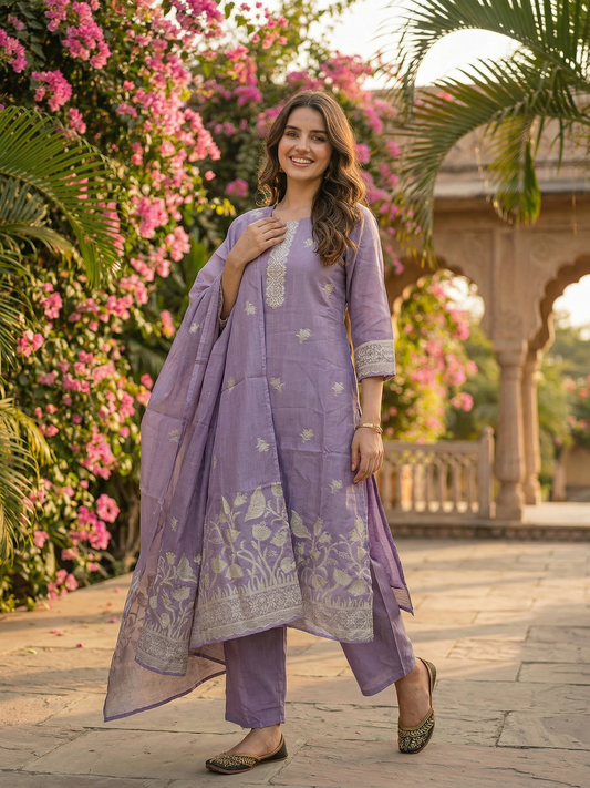 Jacquard Woven Chanderi Cotton Straight Kurta with Pant & Dupatta - Lavender