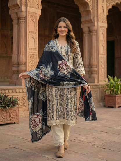 Floral Printed Straight Kurta with Pant & Dupatta - Cream & Black