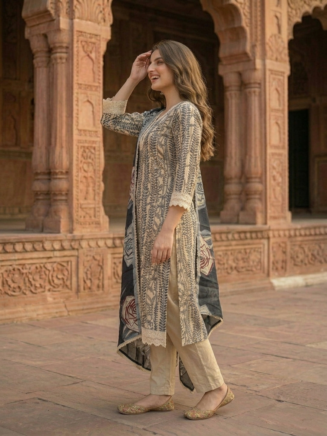 Floral Printed Straight Kurta with Pant & Dupatta - Cream & Black