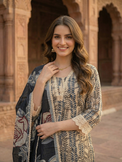 Floral Printed Straight Kurta with Pant & Dupatta - Cream & Black