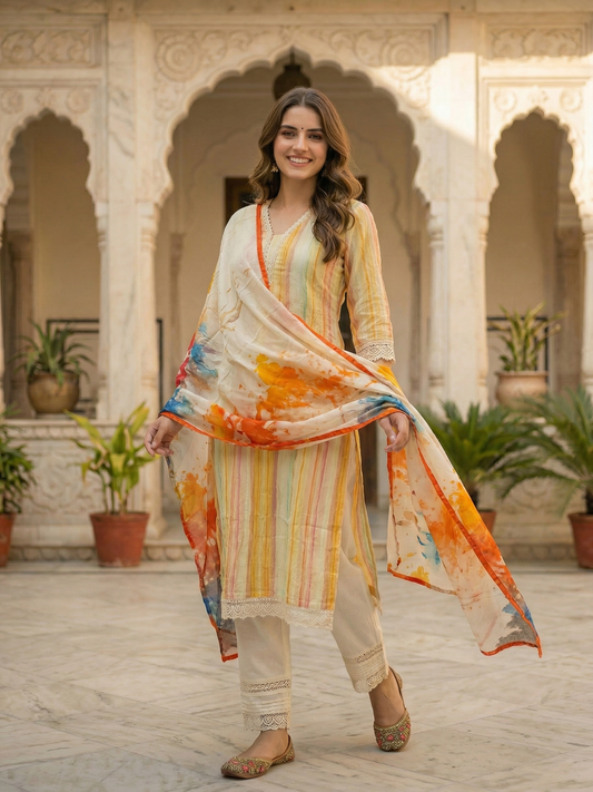 Checks & Stripes Printed Lace Straight Kurta with Pant & Dupatta - Multi