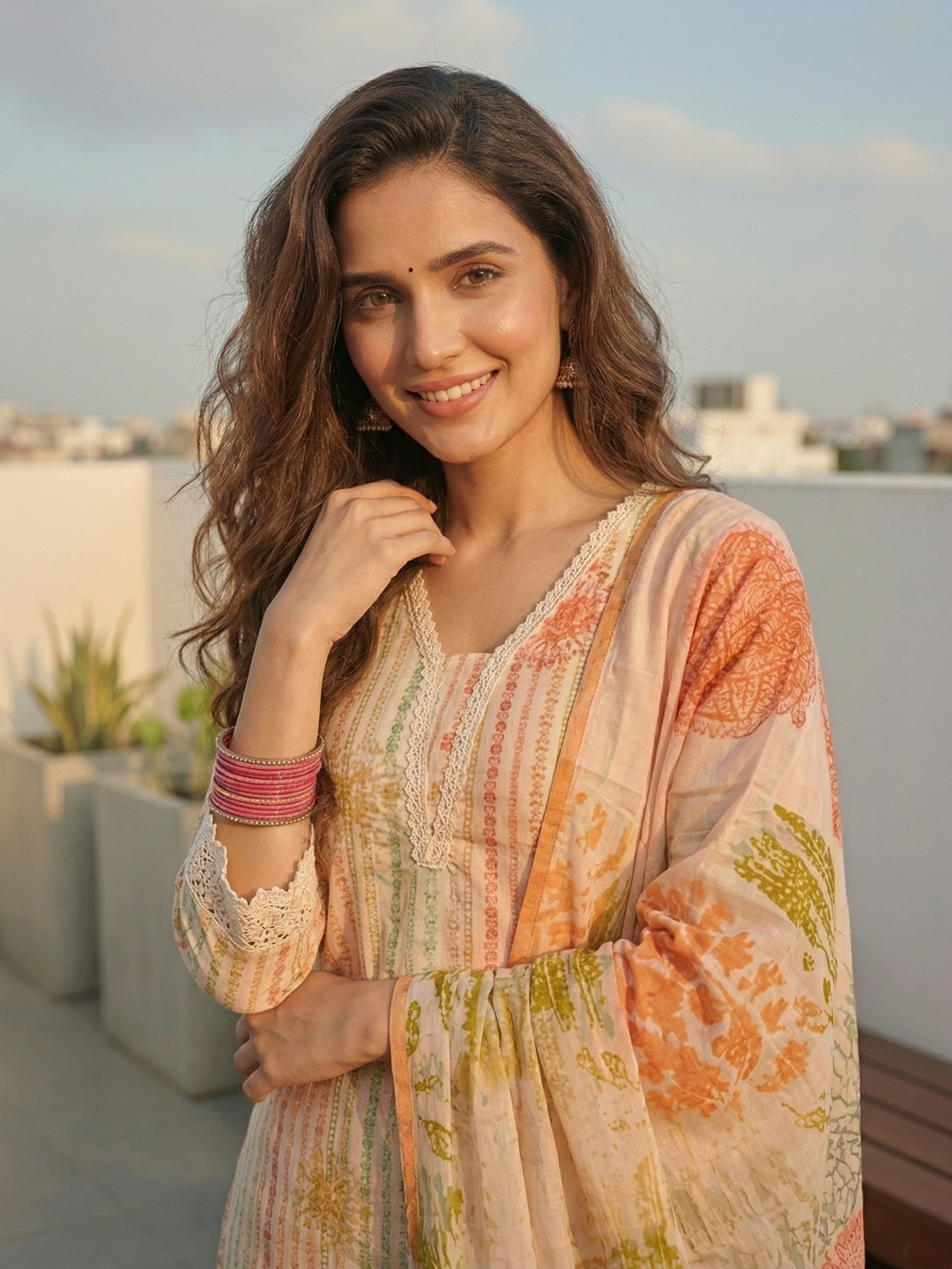 Floral Printed Straight Kurta with Pant & Dupatta - Cream