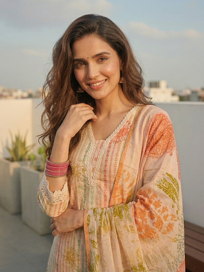 Floral Printed Straight Kurta with Pant & Dupatta - Cream