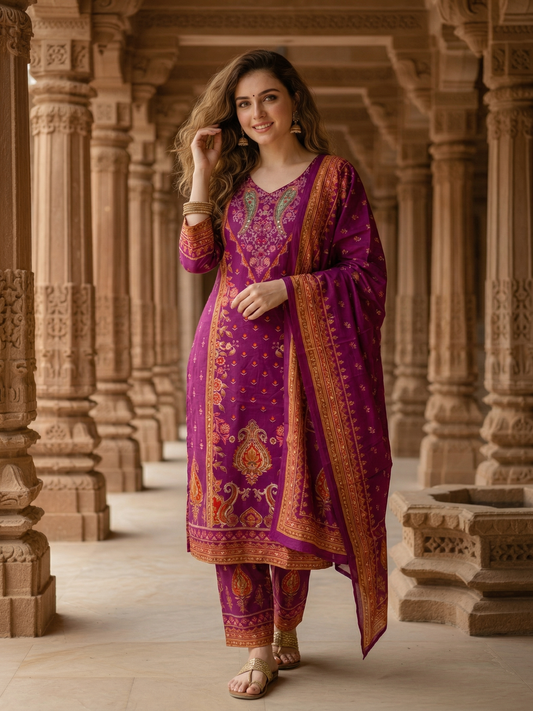 Ethnic Floral Printed Straight Kurta with Pant & Dupatta - Purple
