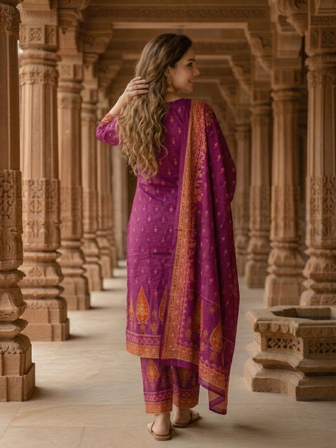 Ethnic Floral Printed Straight Kurta with Pant & Dupatta - Purple