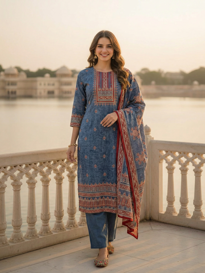 Ethnic Printed & Mirror Work Straight Kurta with Pant & Dupatta - Steel Blue