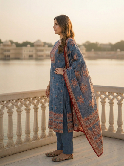Ethnic Printed & Mirror Work Straight Kurta with Pant & Dupatta - Steel Blue