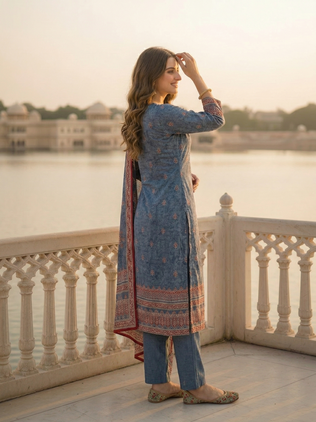 Ethnic Printed & Mirror Work Straight Kurta with Pant & Dupatta - Steel Blue