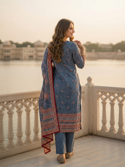 Ethnic Printed & Mirror Work Straight Kurta with Pant & Dupatta - Steel Blue