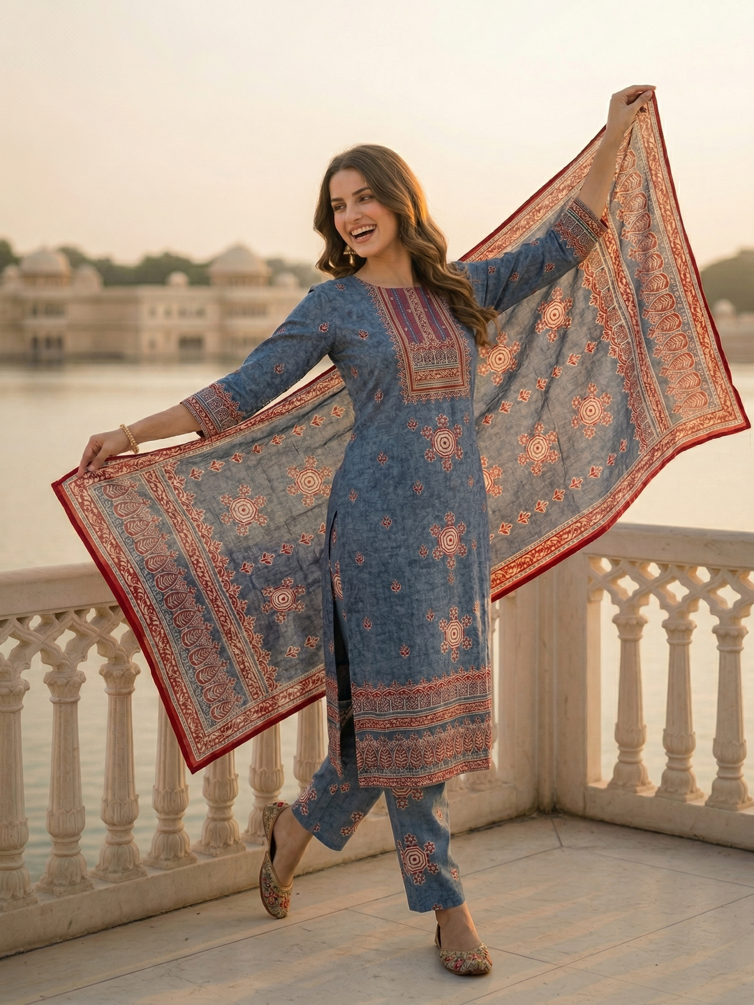 Ethnic Printed & Mirror Work Straight Kurta with Pant & Dupatta - Steel Blue