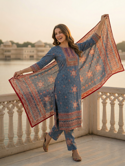 Ethnic Printed & Mirror Work Straight Kurta with Pant & Dupatta - Steel Blue