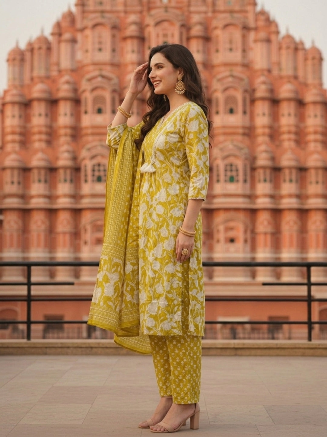 Ethnic Printed & Mirror Work A-Line Kurta with Pant & Dupatta - Lime Green