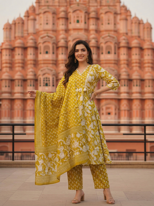 Ethnic Printed & Mirror Work A-Line Kurta with Pant & Dupatta - Lime Green