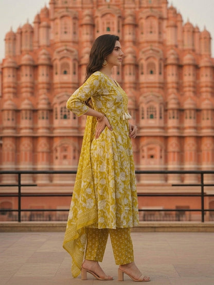 Ethnic Printed & Mirror Work A-Line Kurta with Pant & Dupatta - Lime Green