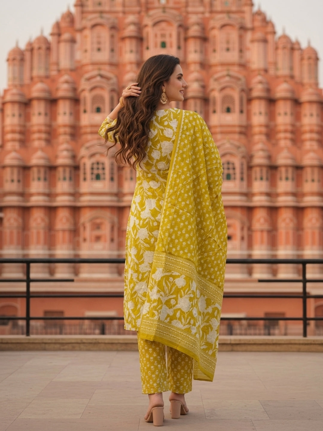 Ethnic Printed & Mirror Work A-Line Kurta with Pant & Dupatta - Lime Green