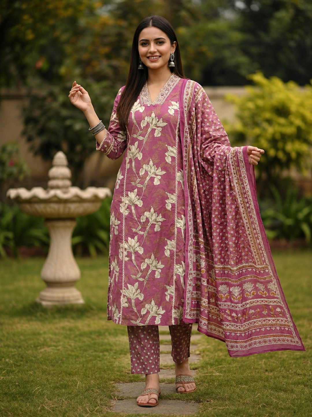 Floral Printed & Embroidered A-Line Kurta with Pant & Dupatta - Mauve