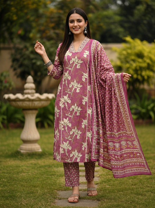 Floral Printed & Embroidered A-Line Kurta with Pant & Dupatta - Mauve