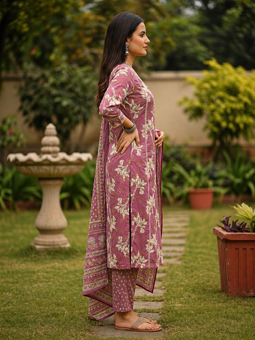 Floral Printed & Embroidered A-Line Kurta with Pant & Dupatta - Mauve