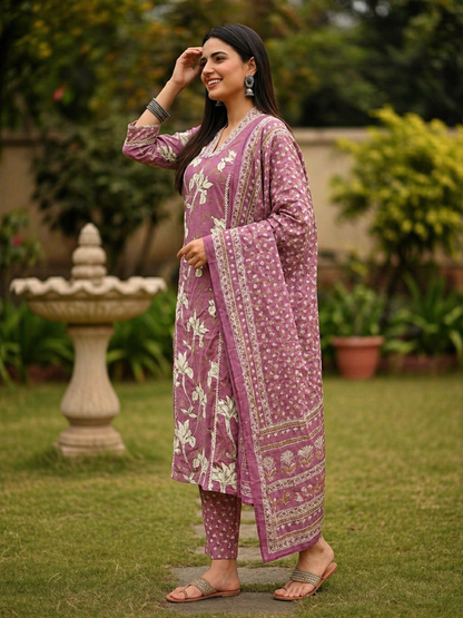 Floral Printed & Embroidered A-Line Kurta with Pant & Dupatta - Mauve