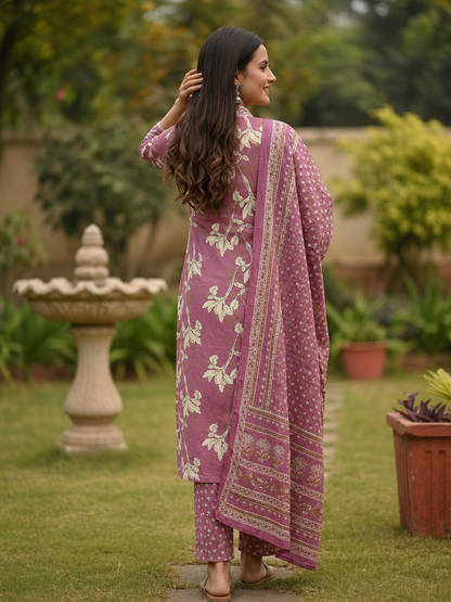 Floral Printed & Embroidered A-Line Kurta with Pant & Dupatta - Mauve