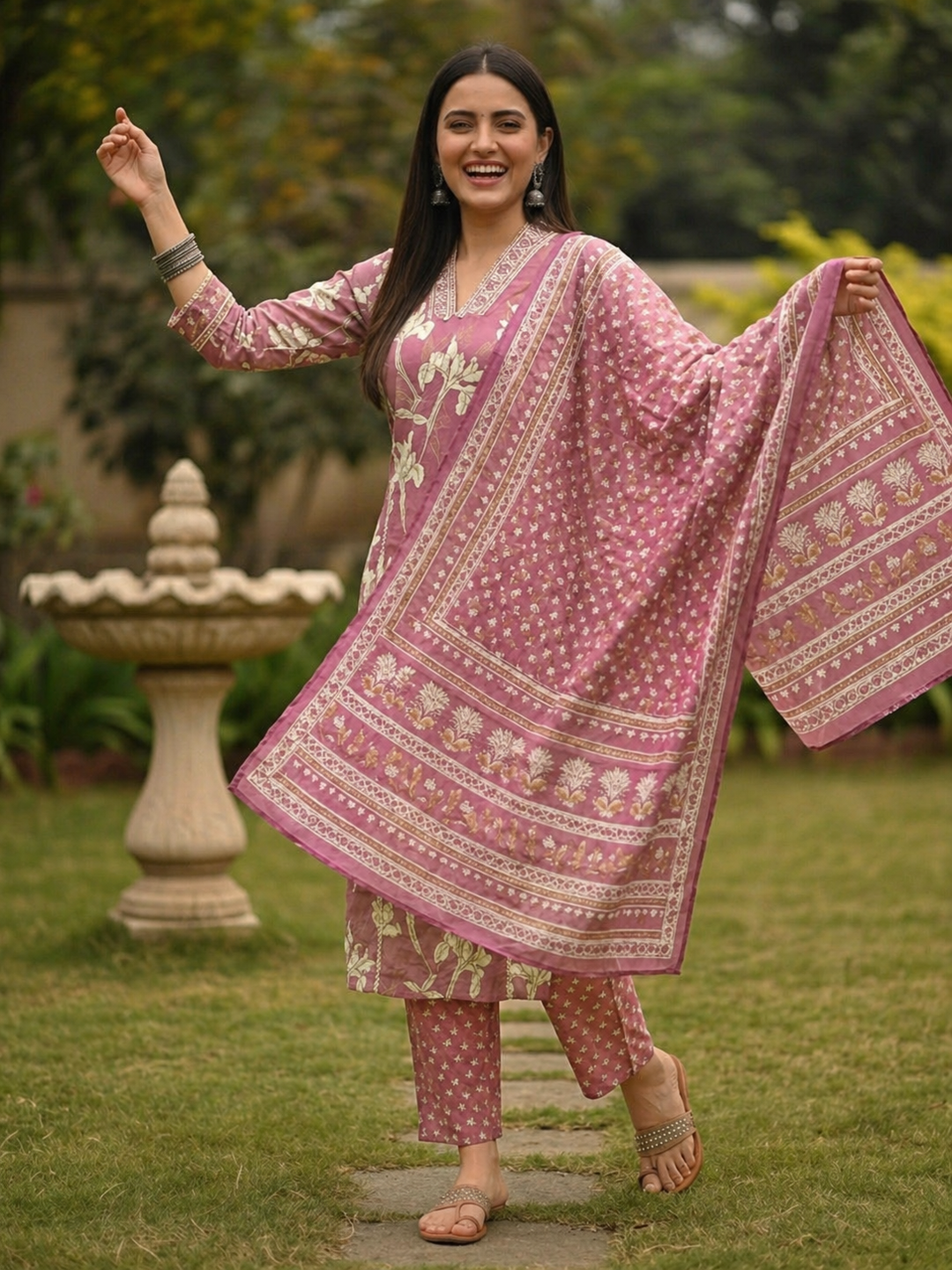 Floral Printed & Embroidered A-Line Kurta with Pant & Dupatta - Mauve