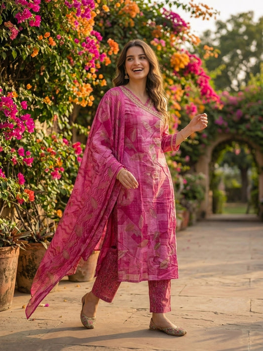 Abstract Leaf Printed & Embroidered Straight Kurta with Pant & Dupatta - Pink