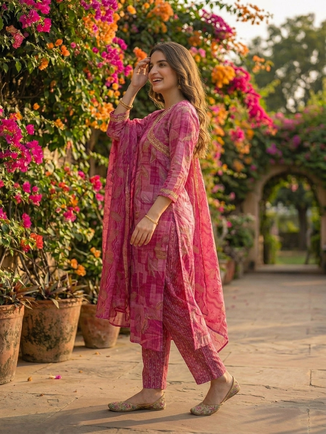 Abstract Leaf Printed & Embroidered Straight Kurta with Pant & Dupatta - Pink