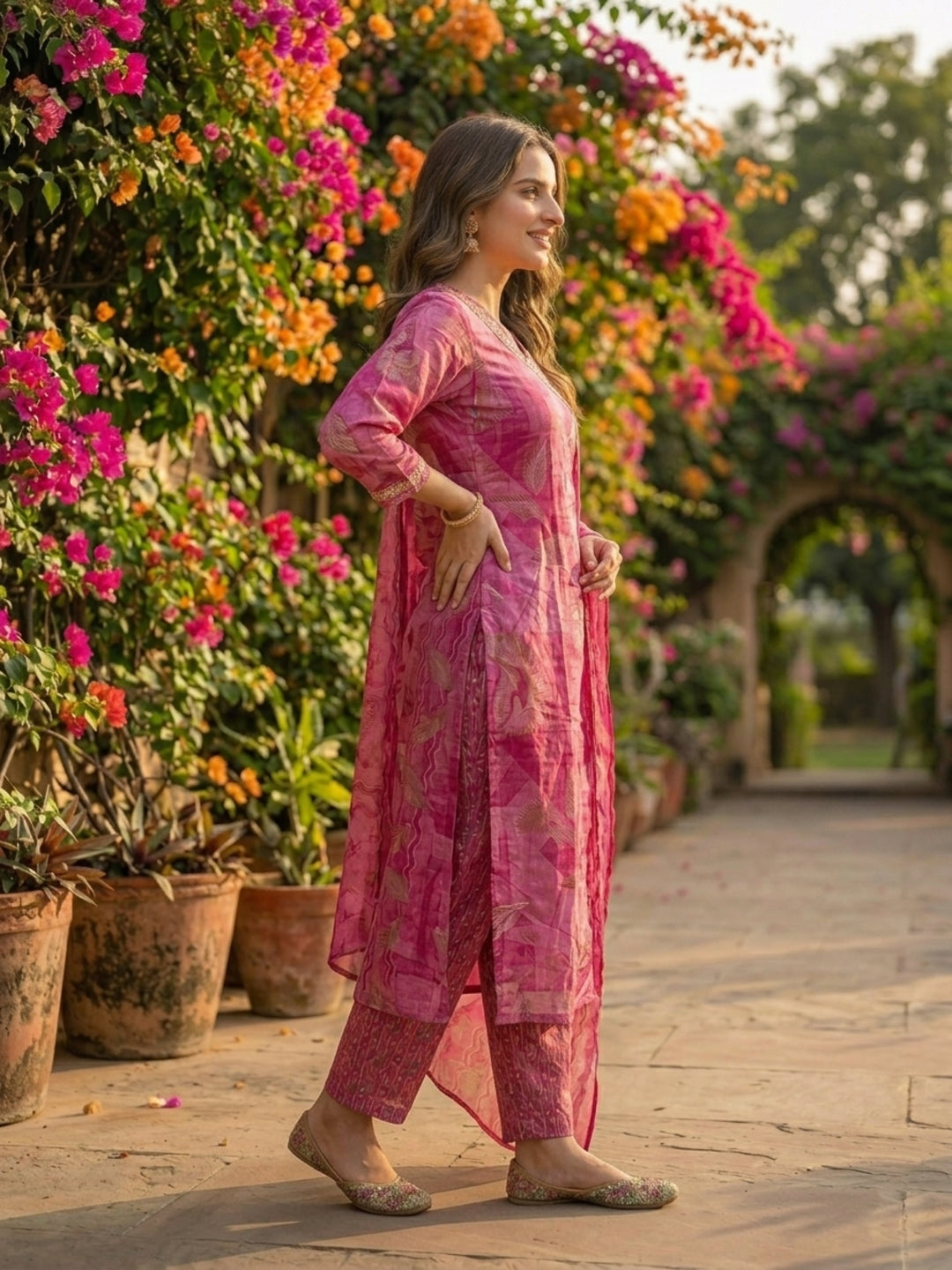 Abstract Leaf Printed & Embroidered Straight Kurta with Pant & Dupatta - Pink