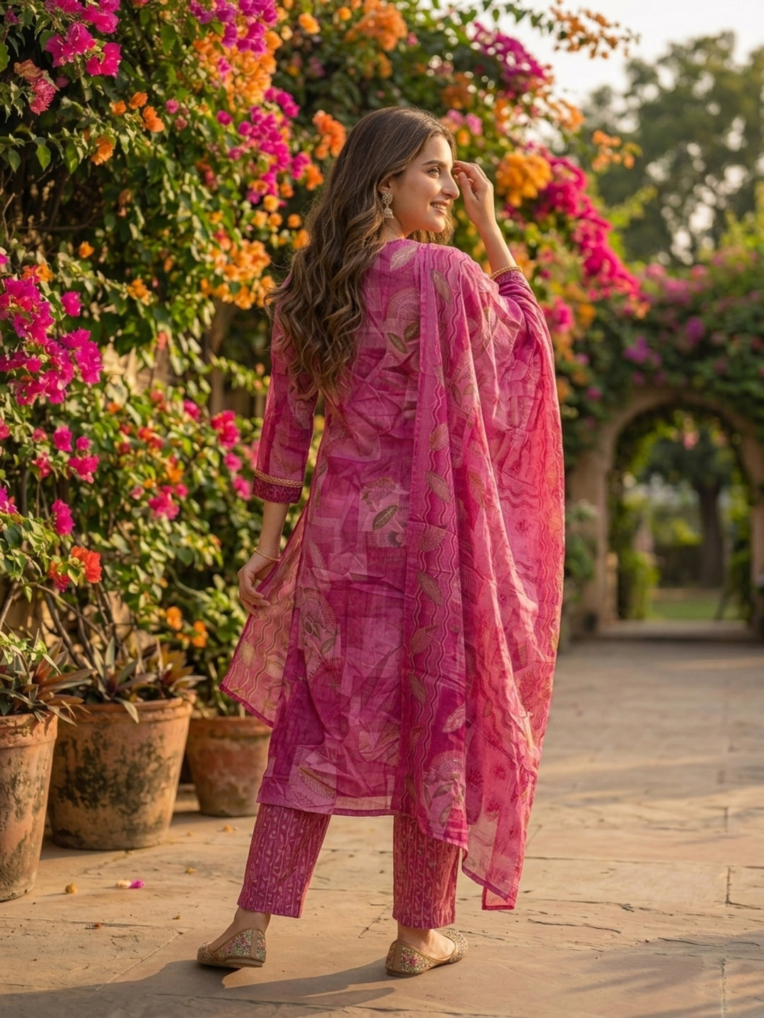 Abstract Leaf Printed & Embroidered Straight Kurta with Pant & Dupatta - Pink