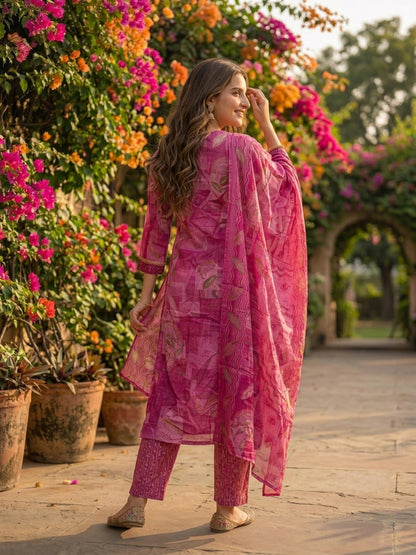Abstract Leaf Printed & Embroidered Straight Kurta with Pant & Dupatta - Pink
