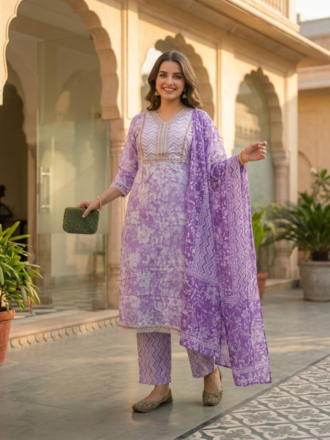 Floral Printed Mirror Work & Embroidered Straight Kurta with Pant & Dupatta - Lavender
