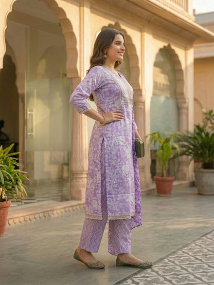 Floral Printed Mirror Work & Embroidered Straight Kurta with Pant & Dupatta - Lavender