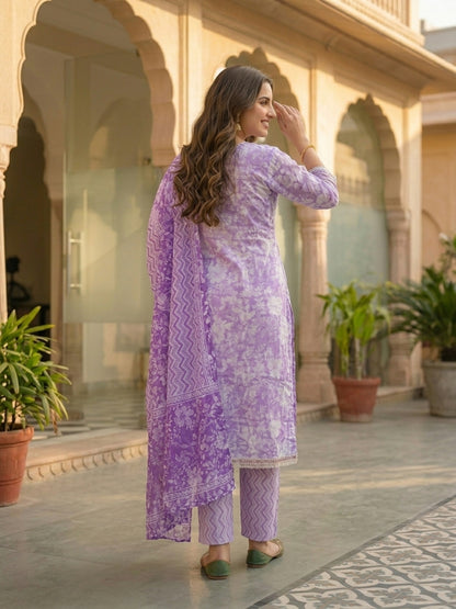 Floral Printed Mirror Work & Embroidered Straight Kurta with Pant & Dupatta - Lavender