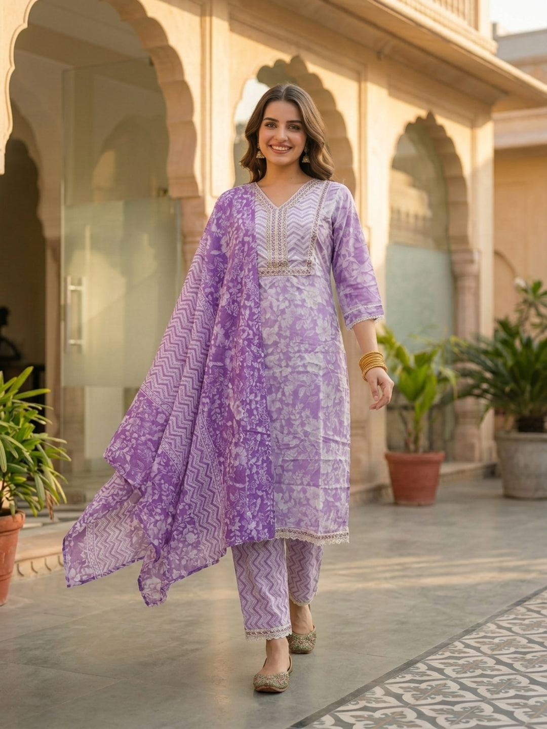 Floral Printed Mirror Work & Embroidered Straight Kurta with Pant & Dupatta - Lavender