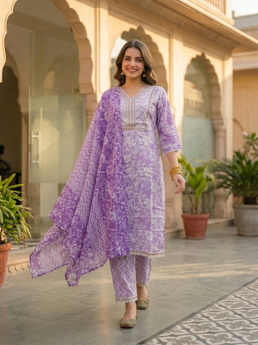Floral Printed Mirror Work & Embroidered Straight Kurta with Pant & Dupatta - Lavender