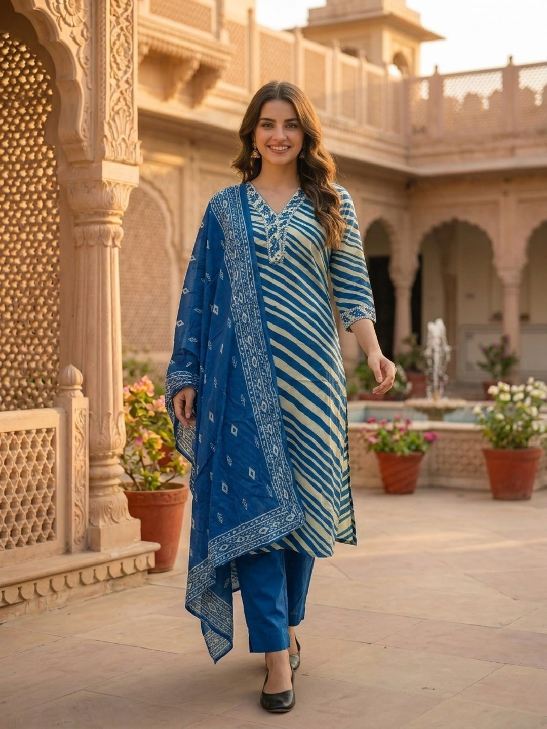 Leheriya Printed & Embroidered Straight Kurta with Palazzo & Dupatta - Blue