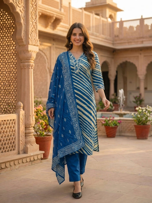 Leheriya Printed & Embroidered Straight Kurta with Palazzo & Dupatta - Blue
