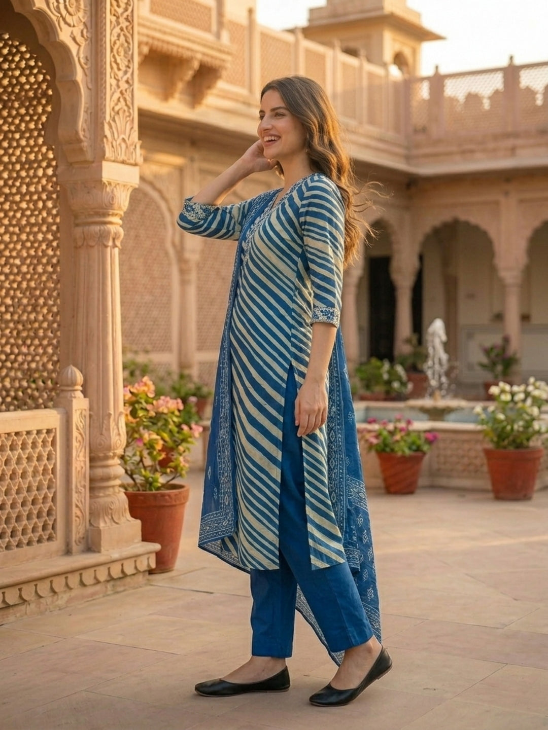 Leheriya Printed & Embroidered Straight Kurta with Palazzo & Dupatta - Blue