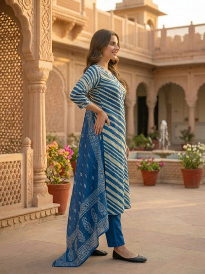 Leheriya Printed & Embroidered Straight Kurta with Palazzo & Dupatta - Blue