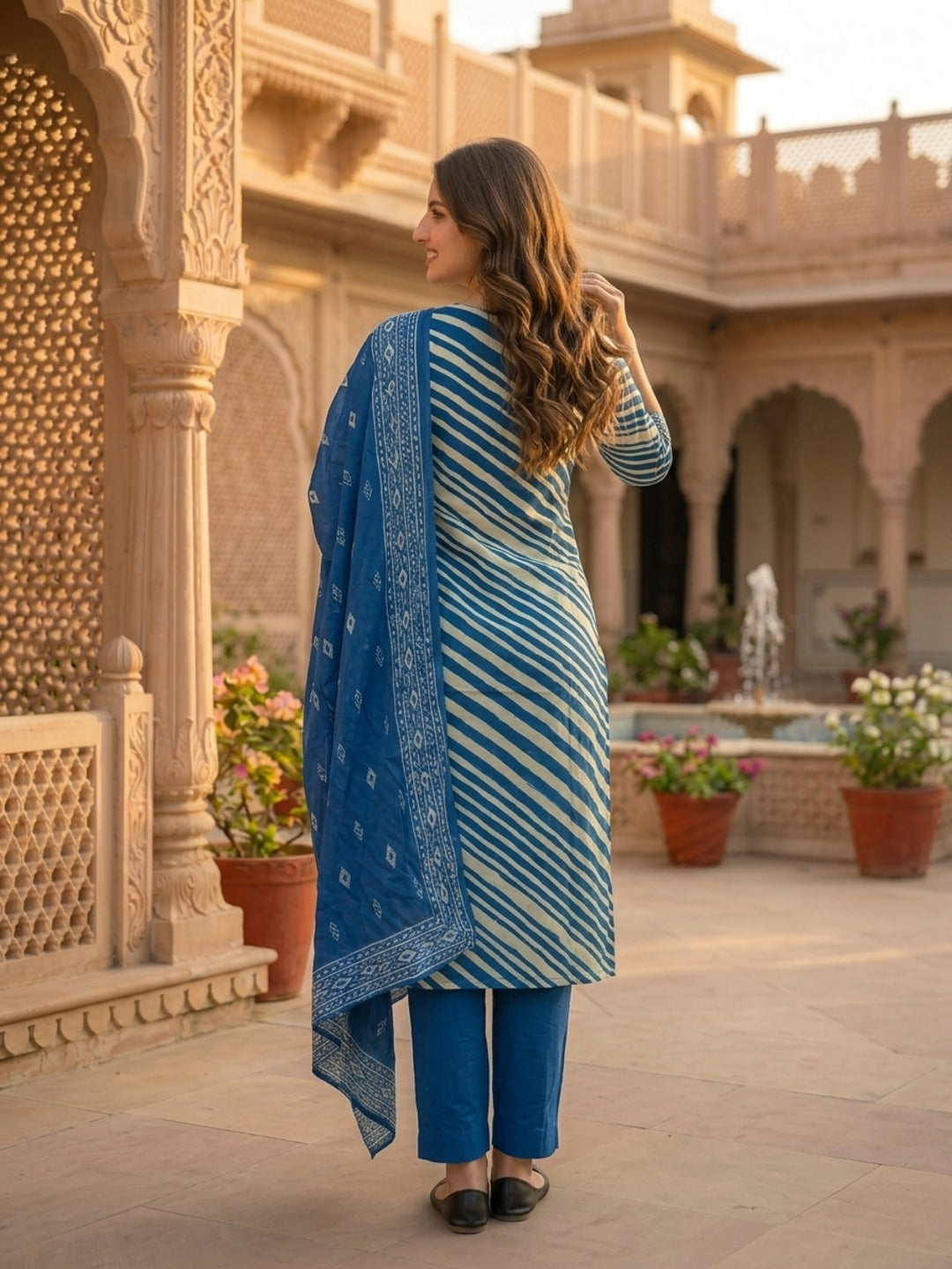 Leheriya Printed & Embroidered Straight Kurta with Palazzo & Dupatta - Blue