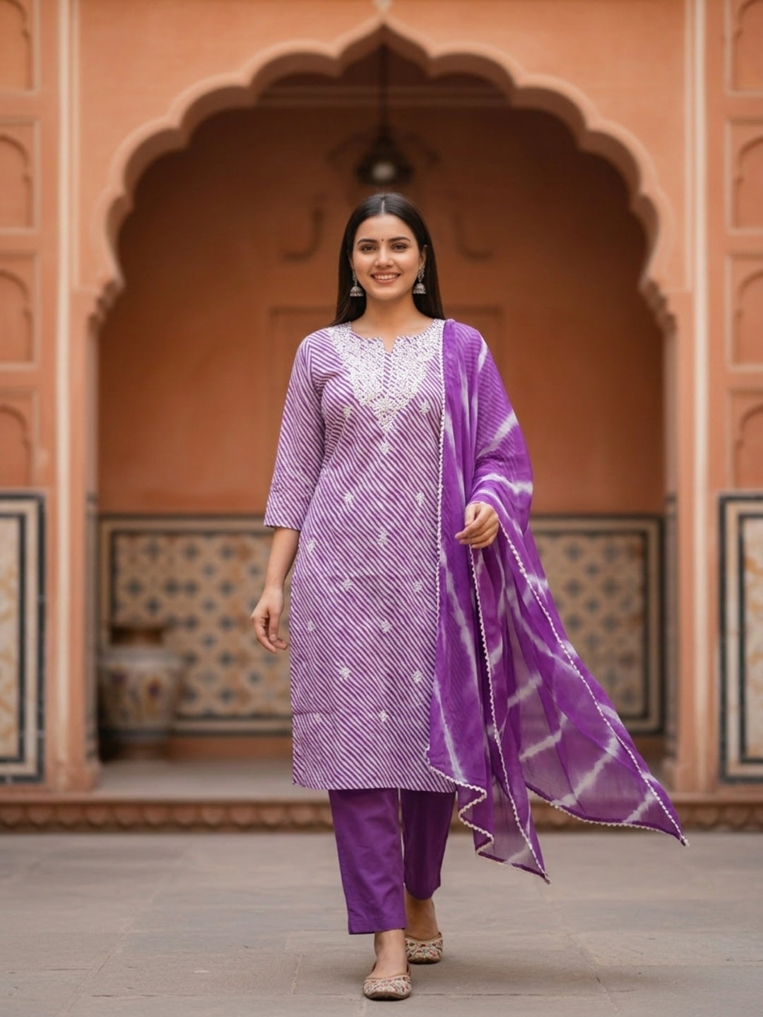 Lehariya Printed & Embroidered Yoke Straight Kurta with Pant & Dupatta - Lavender