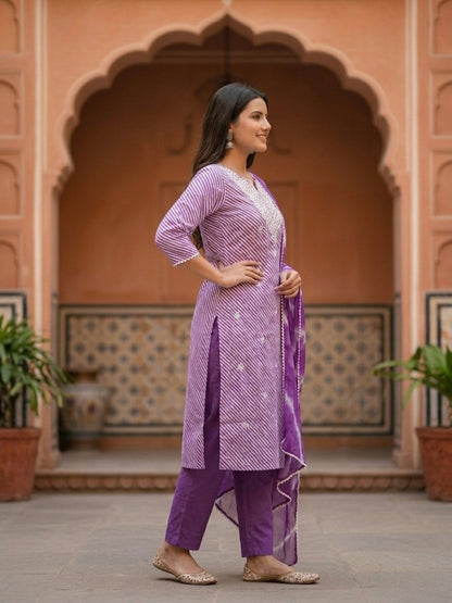 Lehariya Printed & Embroidered Yoke Straight Kurta with Pant & Dupatta - Lavender
