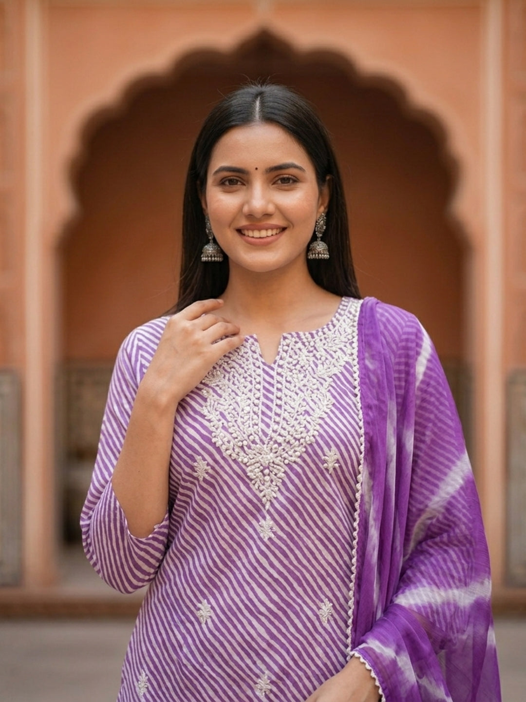Lehariya Printed & Embroidered Yoke Straight Kurta with Pant & Dupatta - Lavender