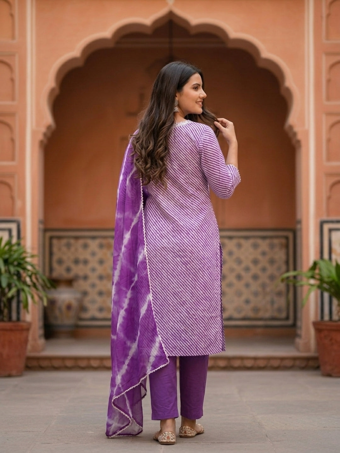 Lehariya Printed & Embroidered Yoke Straight Kurta with Pant & Dupatta - Lavender
