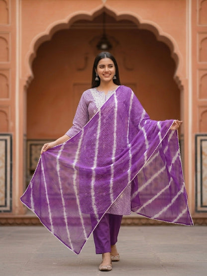 Lehariya Printed & Embroidered Yoke Straight Kurta with Pant & Dupatta - Lavender