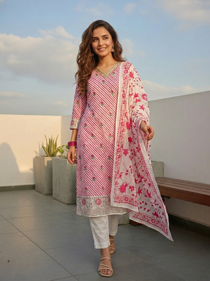 Leheriya Floral Printed Straight Kurta with Pant & Dupatta - Pink